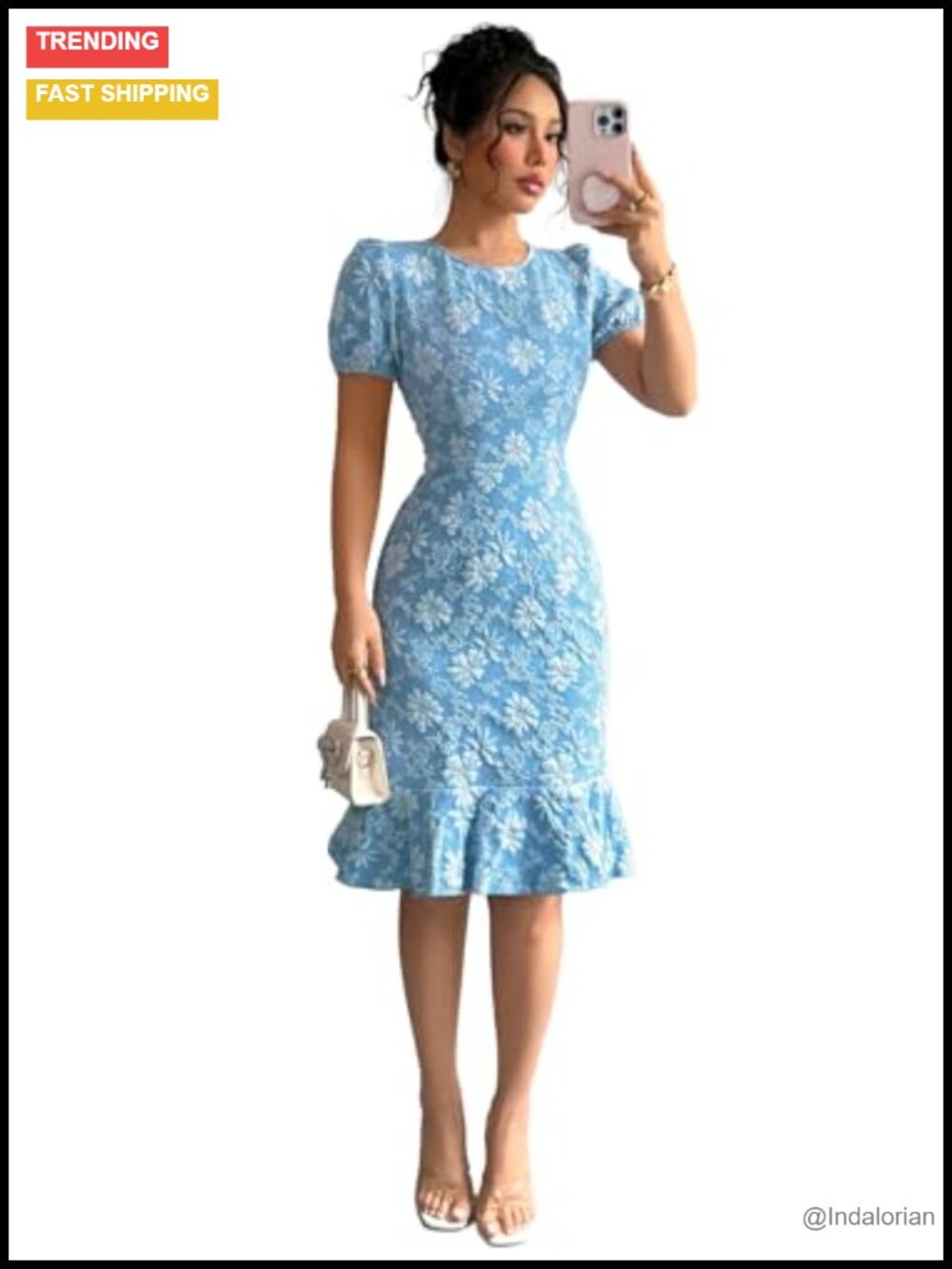Women's Floral Puff Sleeve Sheath Dress Ruffle Hem Party
